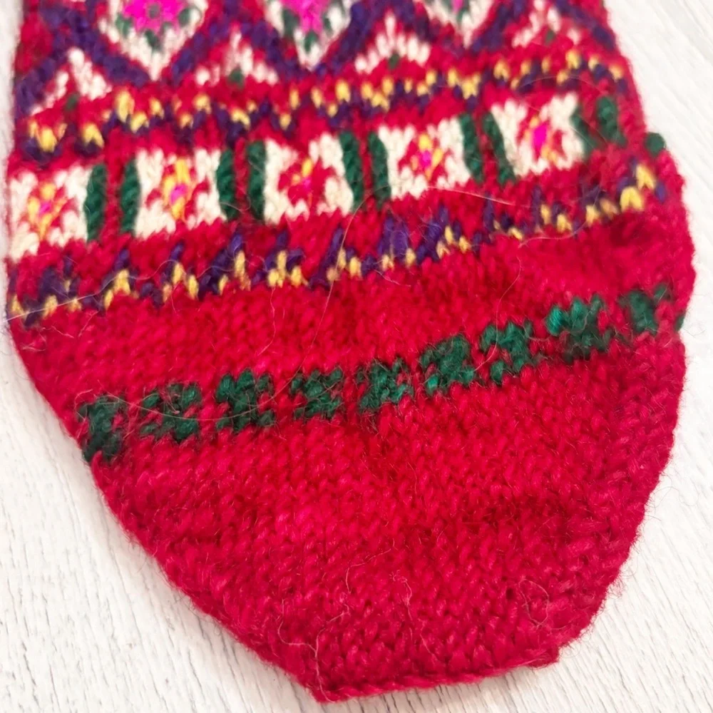Hand-Knitted Heavy Wool Socks Nordic Pattern Fair Isle Red Multi Cozy Winter OS